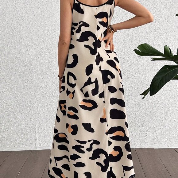 Multicolor Casual Women's Loose Maternity Leopard Print Camisole V-Neck Dress - Picture 2 of 5